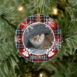 Katt Tåavtryck Röd Snöflinga Plaid Foto Namn År Julgransprydnad Keramik
