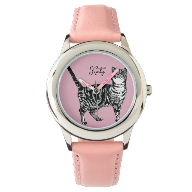 Katt Tabby Pastell Katter Flickor Rosa Rosa Husdju Armbandsur (Framsida)