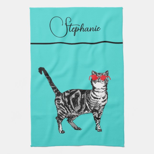 Katt Tabby Pastell Katter Kvinnor Teal Aqua Namn Kökshandduk (Vertikal)