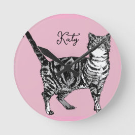Katt Tabby Pastell Katter Tjejer Rosa Rosa Husdjur Rund Klocka