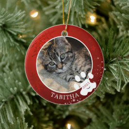 Katt Tassavtryck Jul Röd Snöflinga Stjärnor Foto Julgransprydnad Keramik