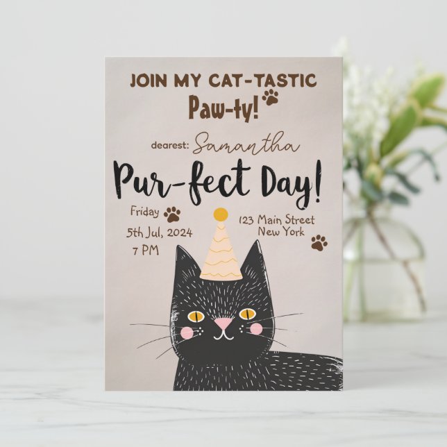 Katt-Tastic Paw-ty! Pur-fect Birthday - Black Cat Inbjudningar (Stående Fram)