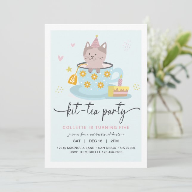 Katt Tea Party | Kit-Tea Party Inbjudan (Stående Fram)