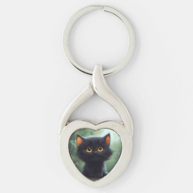 Katt teckning twisted heart silverfärgad nyckelring (Framsidan)