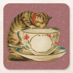 Katt Tekopp Söt Vintage Viktoriansk Underlägg Papper Kvadrat