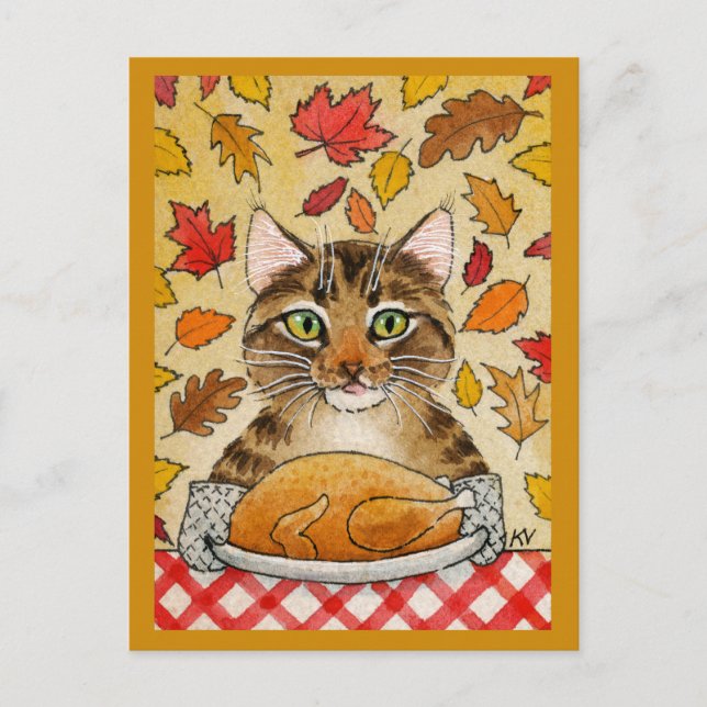 Katt Thanksgiving Turkiet Höst löv middag Vykort (Framsida)