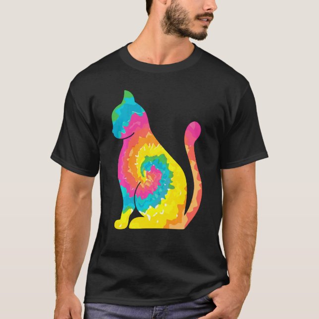 Katt Tie Dye Regnbåge Hippie Kostym Hippy Tematisk T Shirt (Framsida)