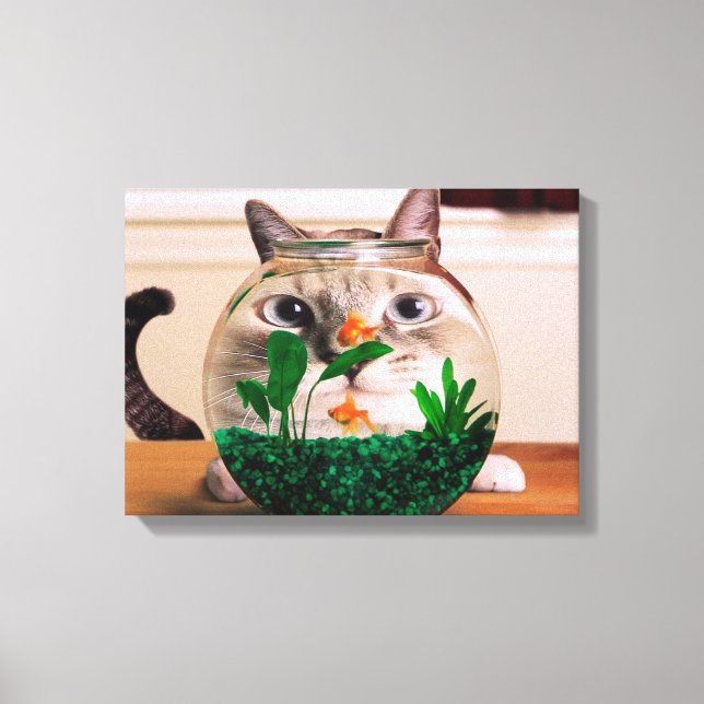 Katt tittar på fisk i akvarium canvastryck (Framsida)