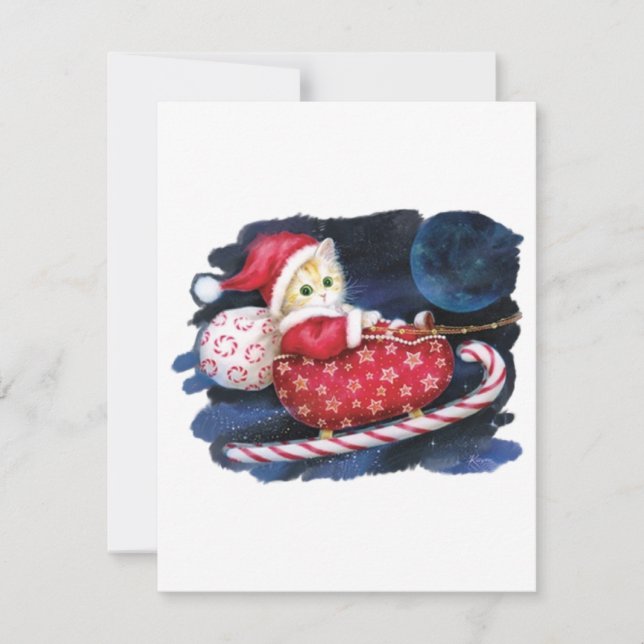 Katt Tomte i Tomte Släde Levererar Julklappar Julkort (Framsida)