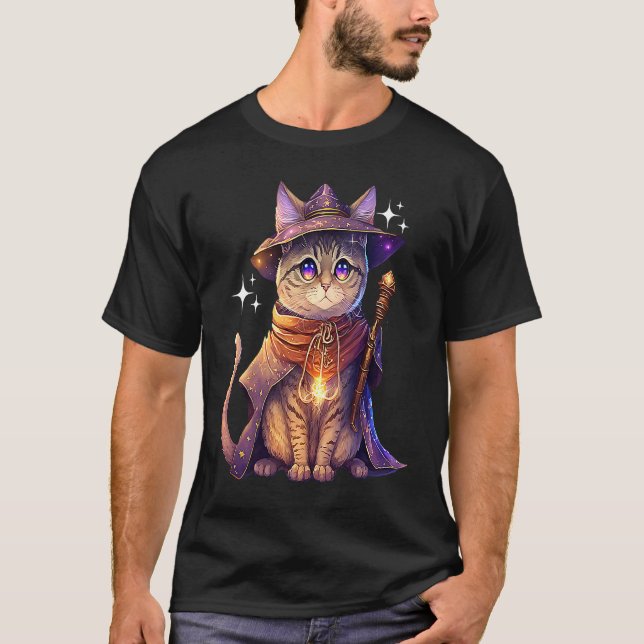 Katt Trollkarl Fantasy Magi Katt T Shirt (Framsida)