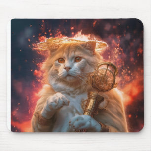Katt trollkarl med magisk stav mitt i flammor musmatta