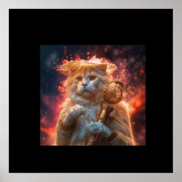 Katt trollkarl med magisk stav mitt i flammor poster