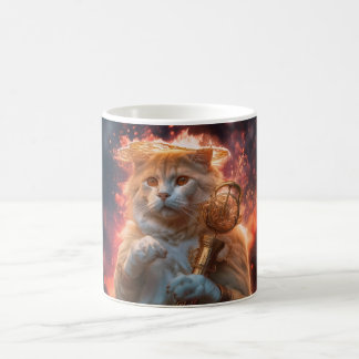 Katt trollkarl med magisk stav mitt i lågor kaffemugg