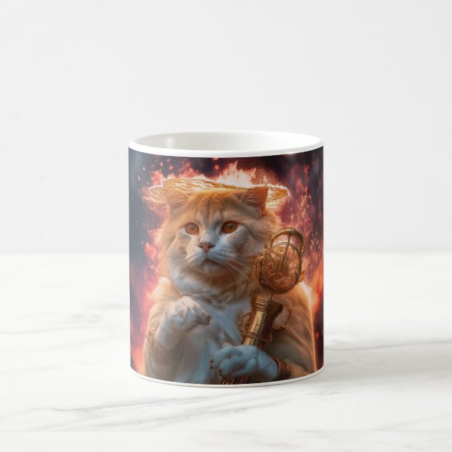 Katt trollkarl med magisk stav mitt i lågor kaffemugg (Center)