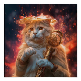 Katt trollkarl med magisk stav mitt i lågor perfect poster