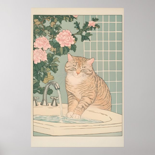 Katt tryck för badrum Ukiyo-e Japansk Väggkonst (Framsidan)
