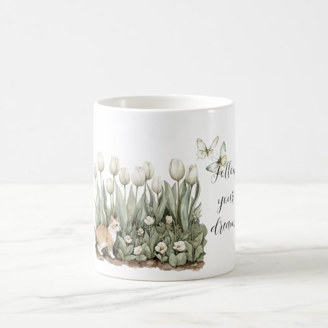Katt Tulpan Blommor Mynta Vita Fjärilar Kaffemugg (Center)