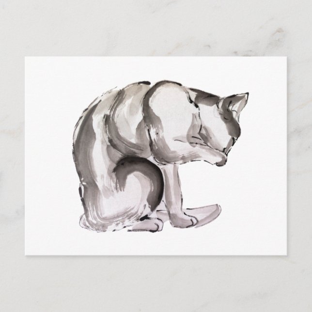 Katt tvättande Sumie bläck-målning Vykort (Framsida)