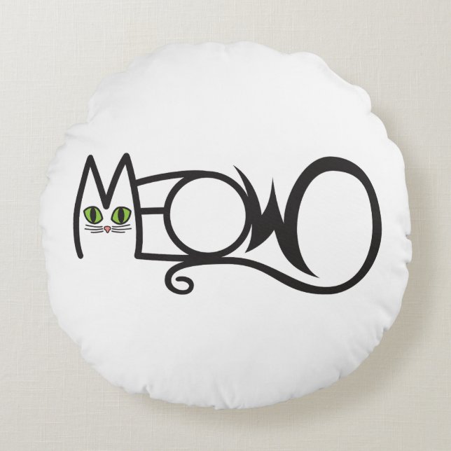 Katt Typografi Meow Rund Kudde (Framsidan)