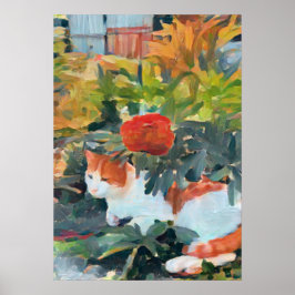 Katt under blommar bush A.I. förbättrad Poster