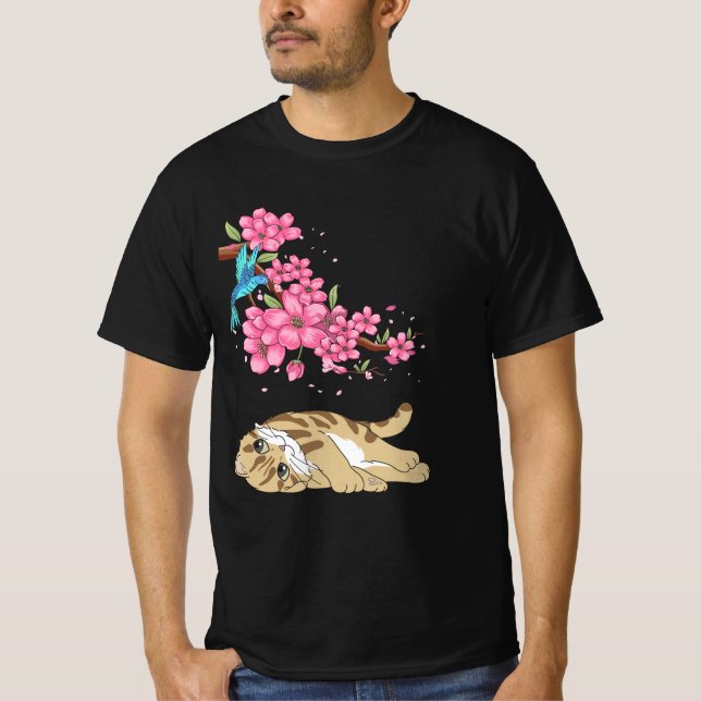 Katt under Cherry Blommar Cute Japansk kawaii Cat T Shirt (Framsida)