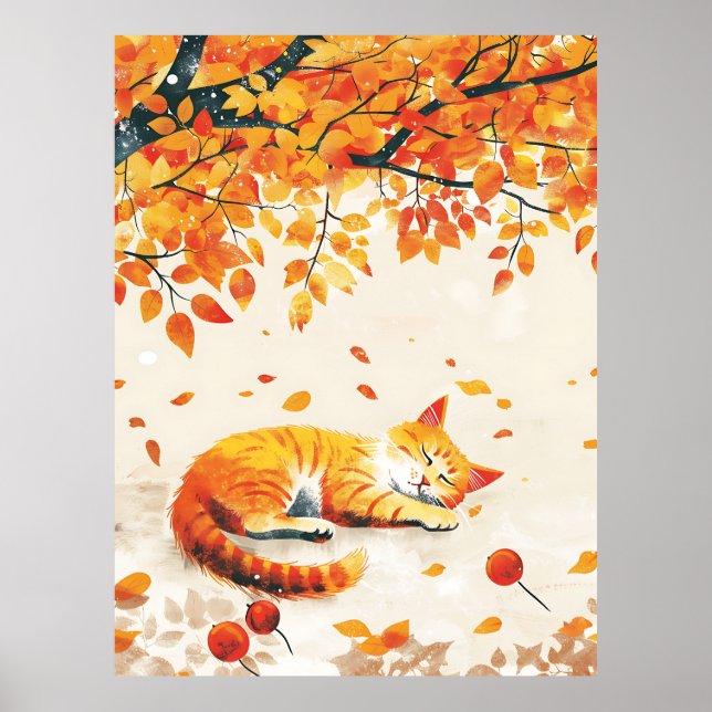 Katt under Löv,Mysigt höstdekorteckning,Fall hem Poster (Framsidan)
