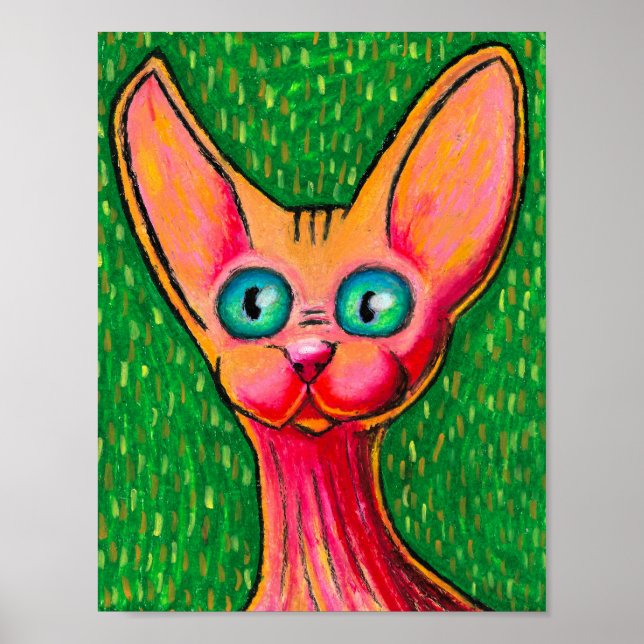 Katt utan lycklig i olja Pastel på Grönt Poster (Framsidan)