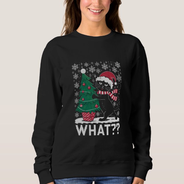 Katt Vad Rolig Svart Katt Trycker Julgran  T Shirt (Framsida)