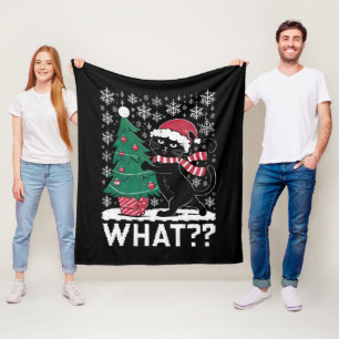 Katt Vad Rolig Svart Katt Trycker På Julgran Fleecefilt