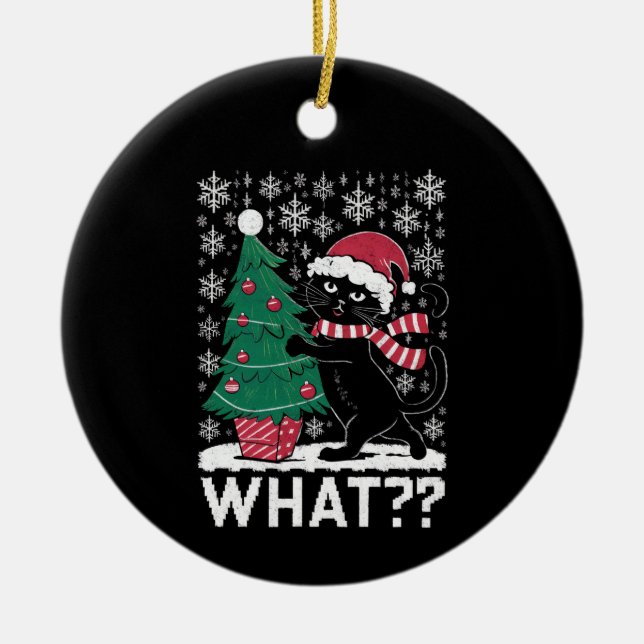 Katt Vad Rolig Svart Katt Trycker På Julgran  Julgransprydnad Keramik (Framsidan)