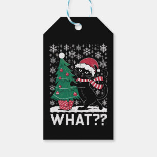 Katt Vad Rolig Svart Katt Trycker På Julgran  Presentetikett