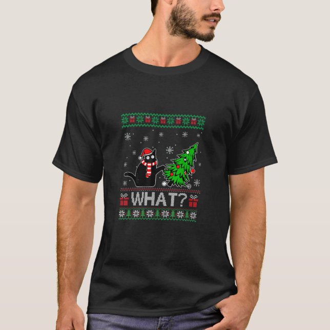 Katt Vad roligt svart katt som trycker på Julgran T Shirt (Framsida)