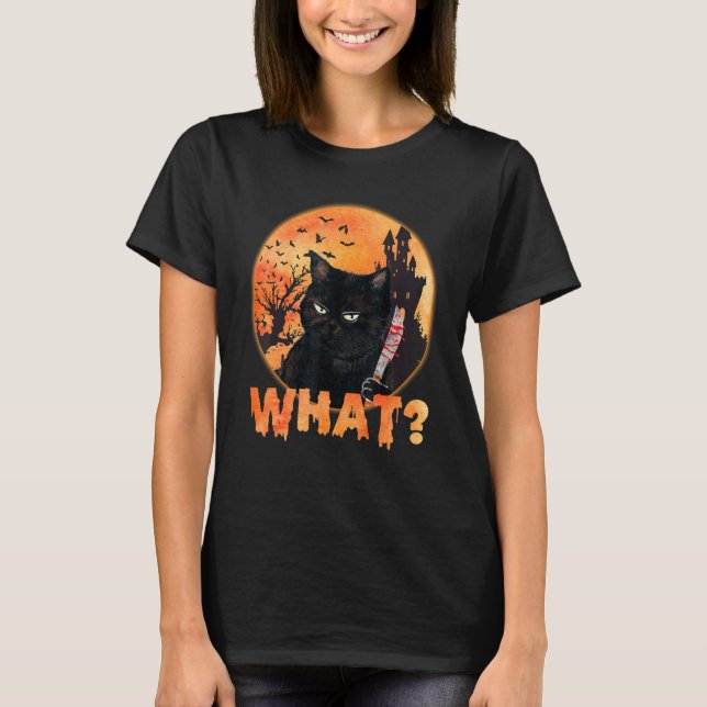 Katt vad svartmördare katt med Knivar Halloween T Shirt (Framsida)