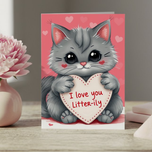 Katt Valentines Dag Jag Älskar Dig Hjärtan Söt Ros Kort (Cat Valentine's Day I Love You Heart Cute Pink Card
)