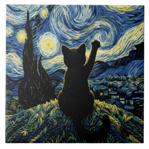Katt Vangogh Stjärnnatt Kakelplatta