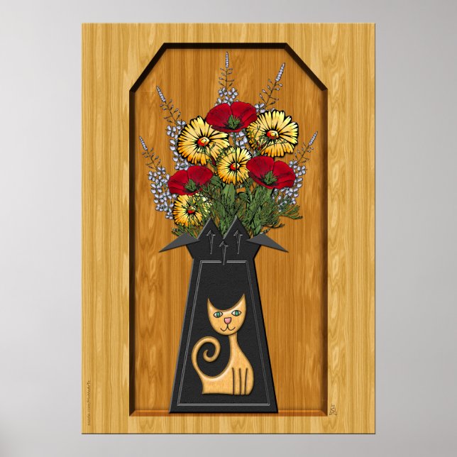 Katt Vas med Poppies och Morsa i Wood Alcove Poster (Framsidan)