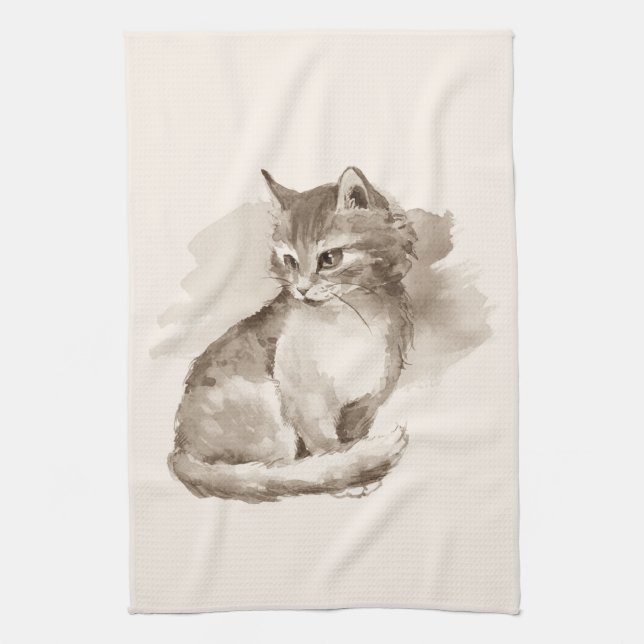 Katt. Vattenfärg Kökshandduk (Vertikal)