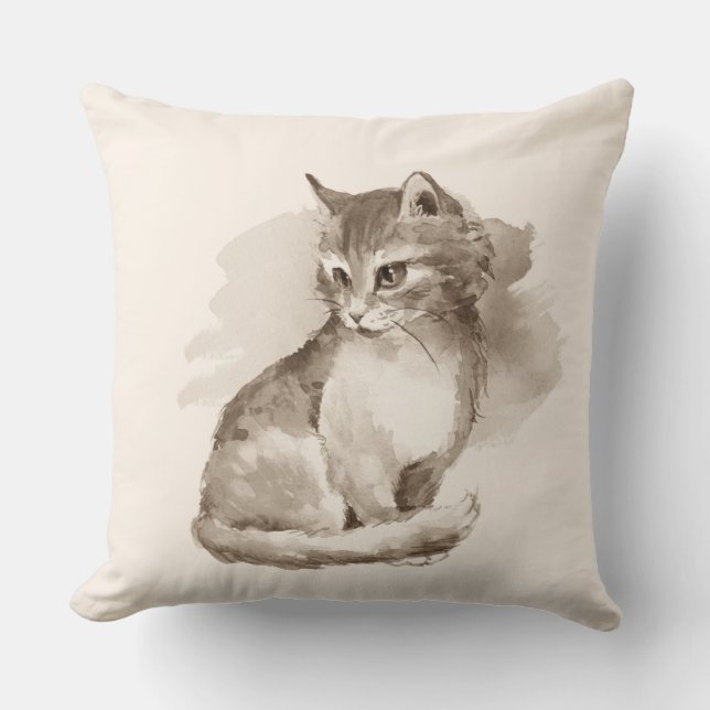 Katt. Vattenfärg Kudde (Framsida)