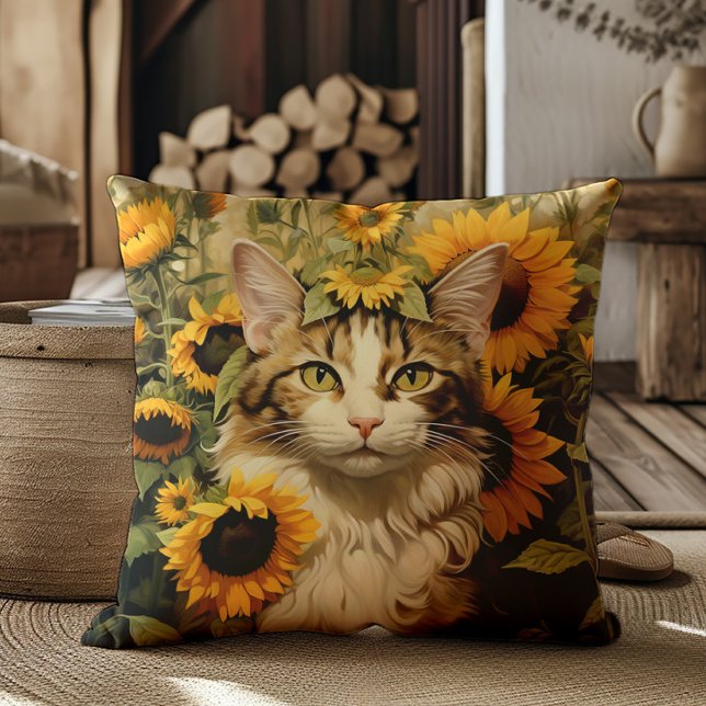 Katt Vattenfärg Solrosor Blomsterkonst Kudde (Cat and sunflowers decorator pillow)