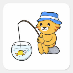 Katt vid fiske med fisk i glas fyrkantigt klistermärke