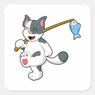 Katt vid fiske med fiskstav fyrkantigt klistermärke