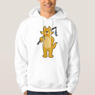 Katt vid fiske med fiskstav och fisk hoodie