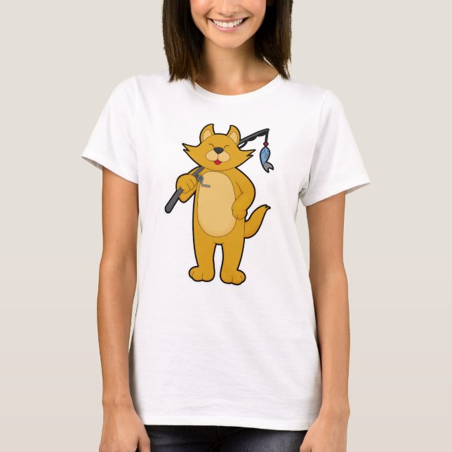 Katt vid fiske med fiskstav och fisk t shirt (Framsida)