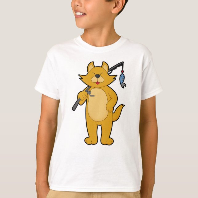 Katt vid fiske med fiskstav och fisk t shirt (Framsida)