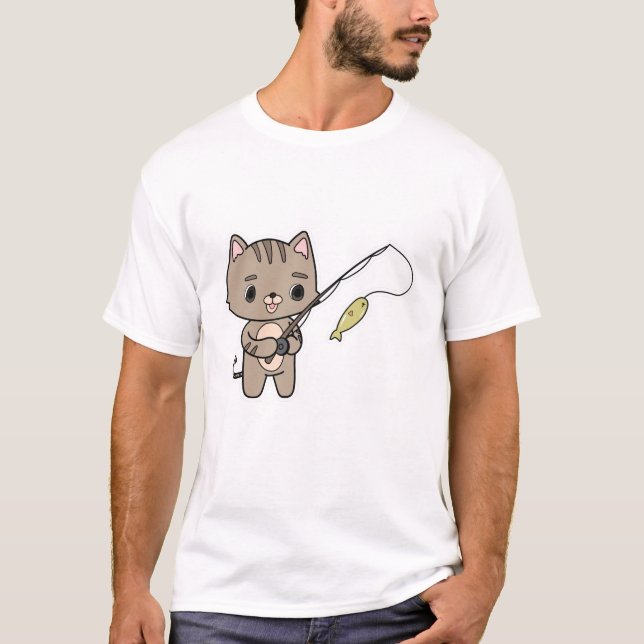 Katt vid fiske med fiskstav t shirt (Framsida)