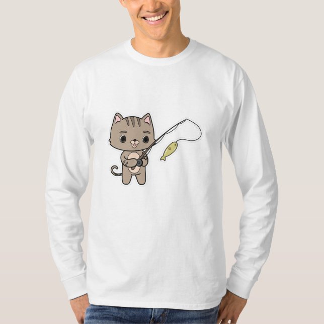 Katt vid fiske med fiskstav t shirt (Framsida)