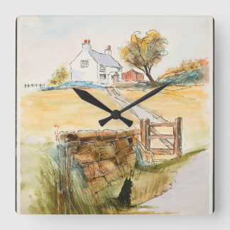 Katt vid Grind Fyrkantig Klocka