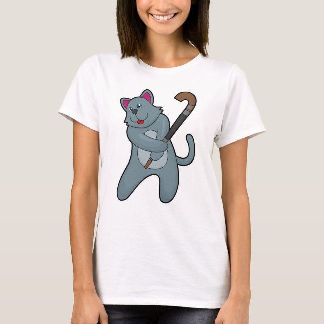 Katt vid Hockey med Hockey stick T Shirt (Framsida)
