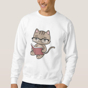Katt vid läsning med Bok Lång Ärmad Tröja