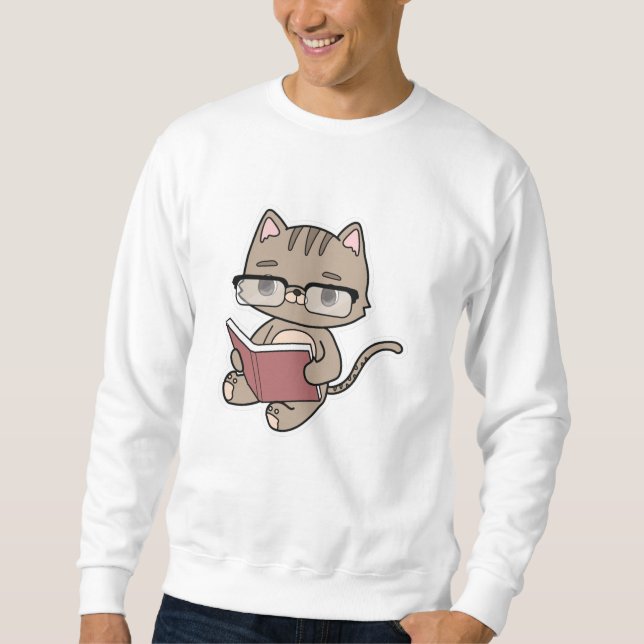 Katt vid läsning med Bok Lång Ärmad Tröja (Framsida)